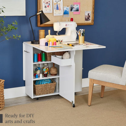 Folding Dining Table, Multipurpose Space Saving Collapsible Drop Leaf Extension Desk W/Wheels, 3 Storage Shelves - White