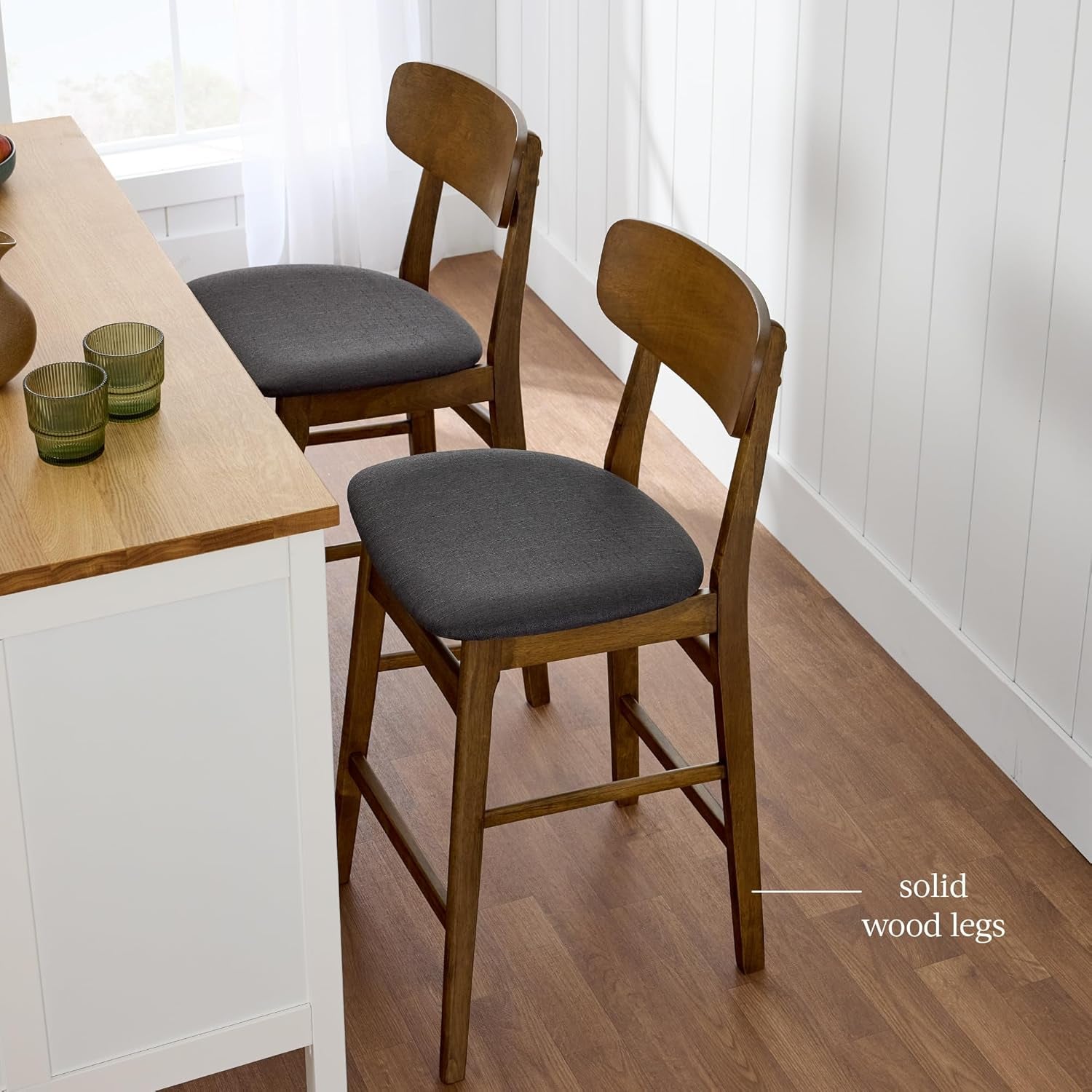 Bar Stool Set of 2, Farmhouse Counter Height W/Armless Upholstered Cushioned Seat, Wooden Curved Backrest - Walnut/Charcoal