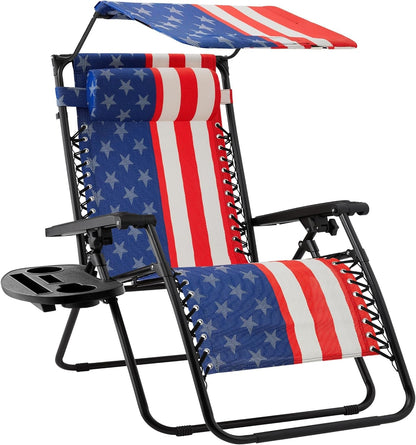 Folding Zero Gravity Outdoor Recliner Patio Lounge Chair W/Adjustable Canopy Shade, Headrest, Side Accessory Tray, Textilene Mesh - Navy Blue