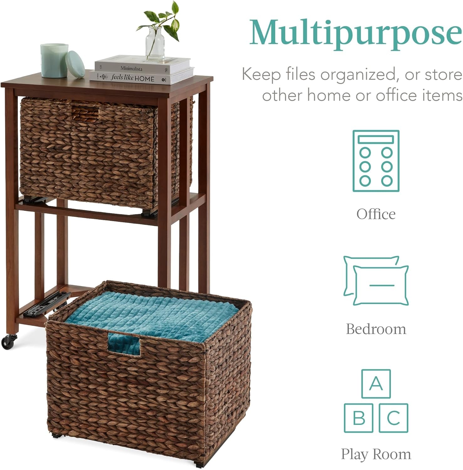 Vertical Rolling File Cabinet, Multipurpose Portable Water Hyacinth Basket Organizer for Home Office, Workspace W/Rubberwood Frame, Metal Sliders, Locking Caster Wheels - Mocha