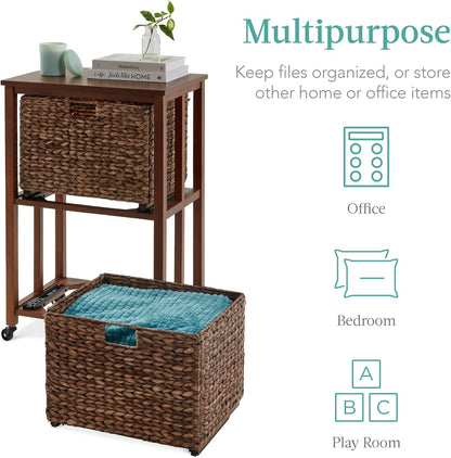 Vertical Rolling File Cabinet, Multipurpose Portable Water Hyacinth Basket Organizer for Home Office, Workspace W/Rubberwood Frame, Metal Sliders, Locking Caster Wheels - Mocha