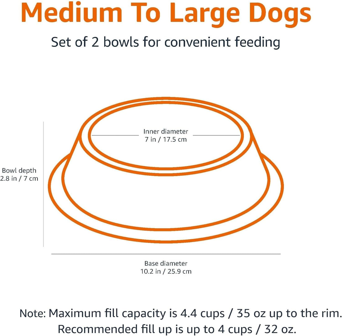 Stainless Steel Non-Skid Pet Dog Water and Food Bowl, 2-Pack (10 X 2.8 Inches), Each Holds up to 4 Cups