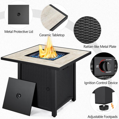 30&quot; Propane Gas Fire Pit Table 50,000 BTU Square Gas Fire Table with Ceramic Tabletop and Blue Fire Glass for Outdoor/Patio with Rattan Pattern Steel Base/Lid, Black