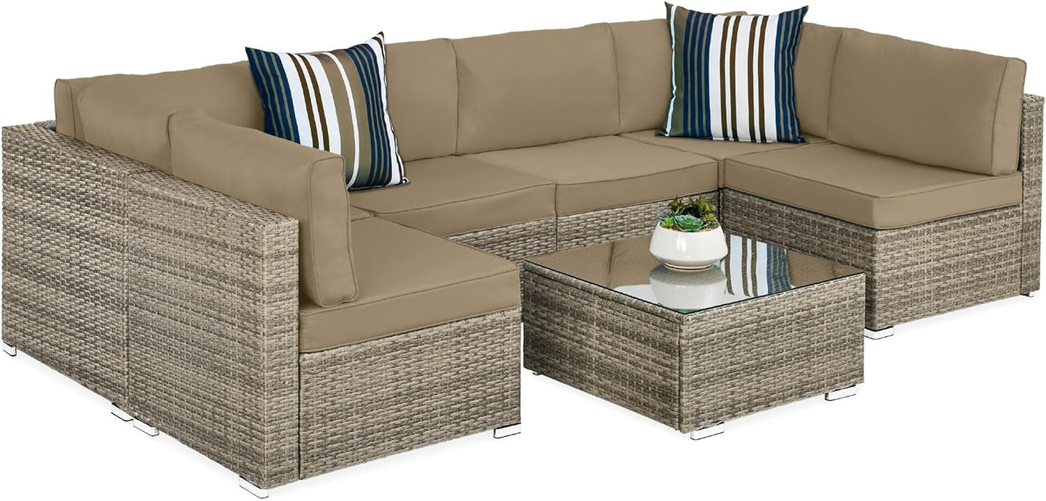 7-Piece Modular Outdoor Sectional Wicker Patio Conversation Set W/ 2 Pillows, Coffee Table, Cover Included - Gray/Navy