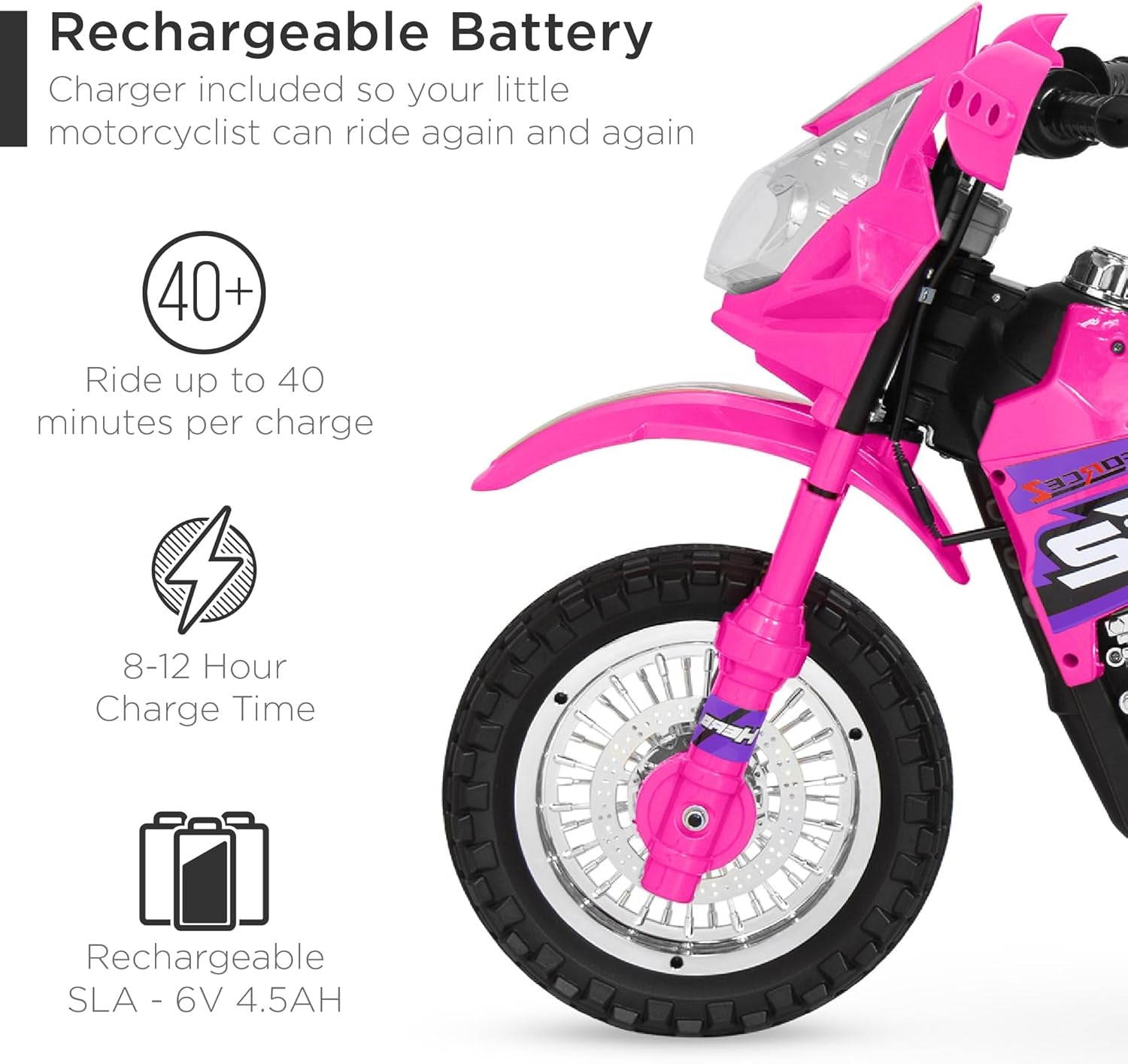 Kids 6V Ride on Motorcycle W/Treaded Tires, Working Headlights, 2Mph Top Speed, Training Wheels, Realistic Sounds, Music, Battery Charger - Hot Pink