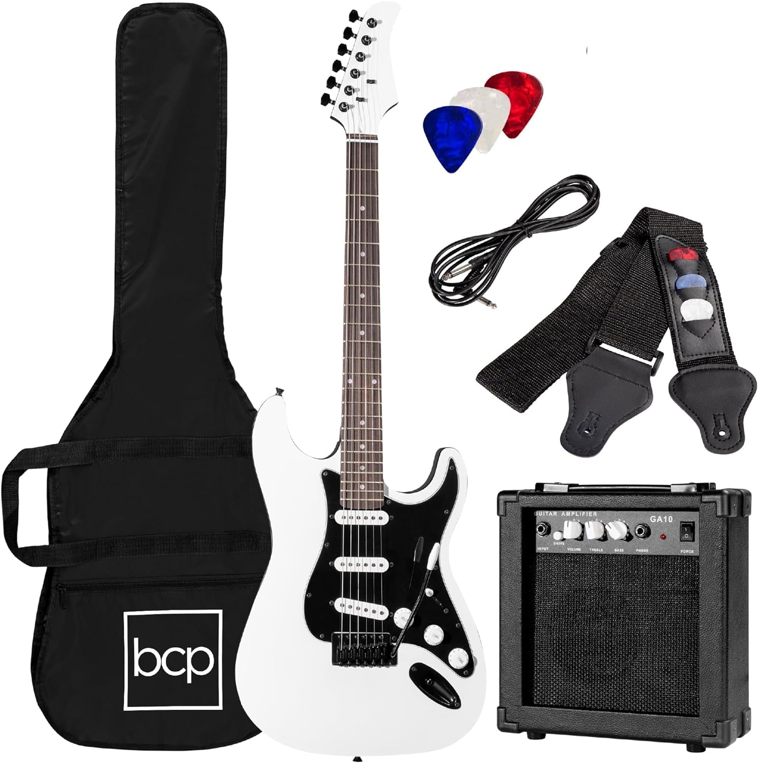 39In Full Size Beginner Electric Guitar Starter Kit W/Case, Strap, 10W Amp, Strings, Pick, Tremolo Bar - Jet Black