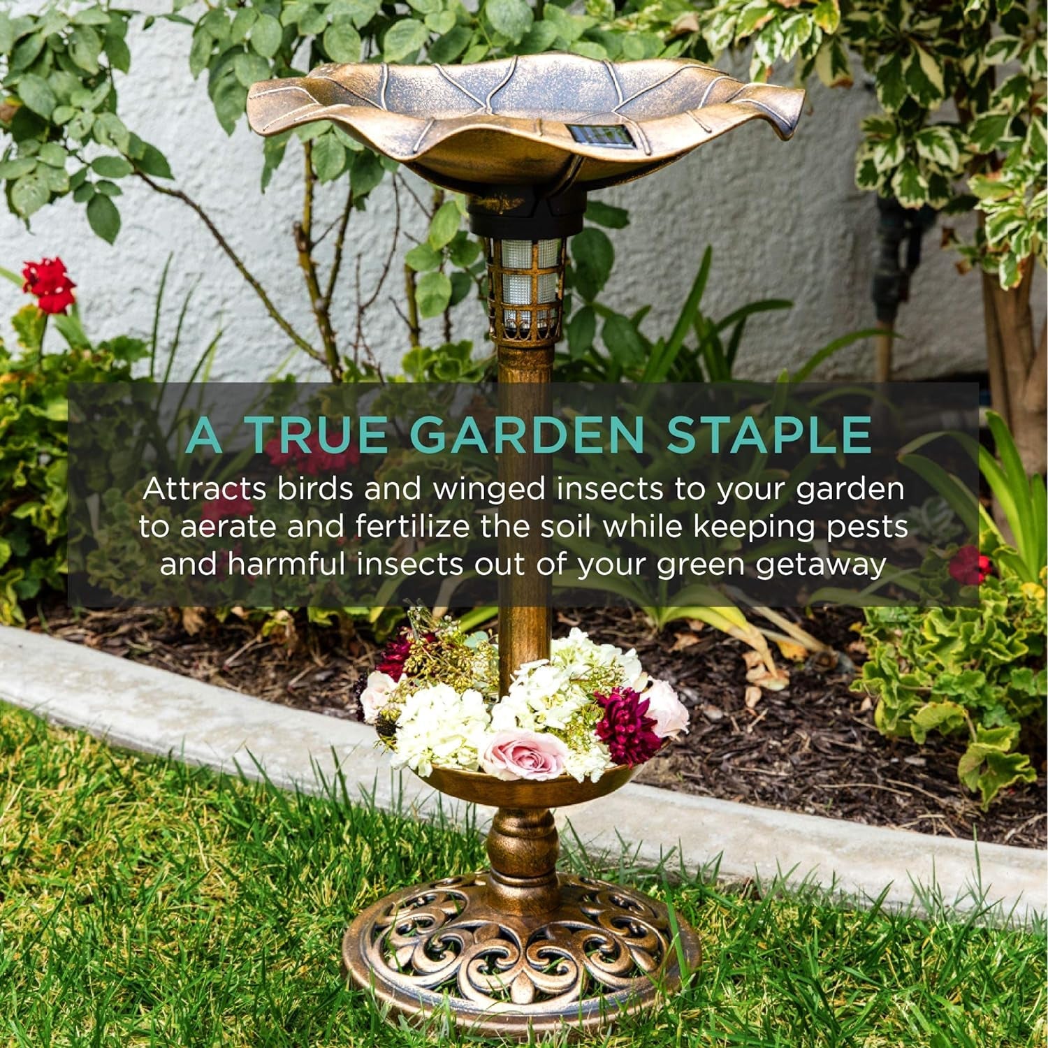 Outdoor Solar Lighted Pedestal Bird Bath Fountain Decoration W/Planter, Integrated Panel, Scroll Accents for Lawn, Garden - Bronze