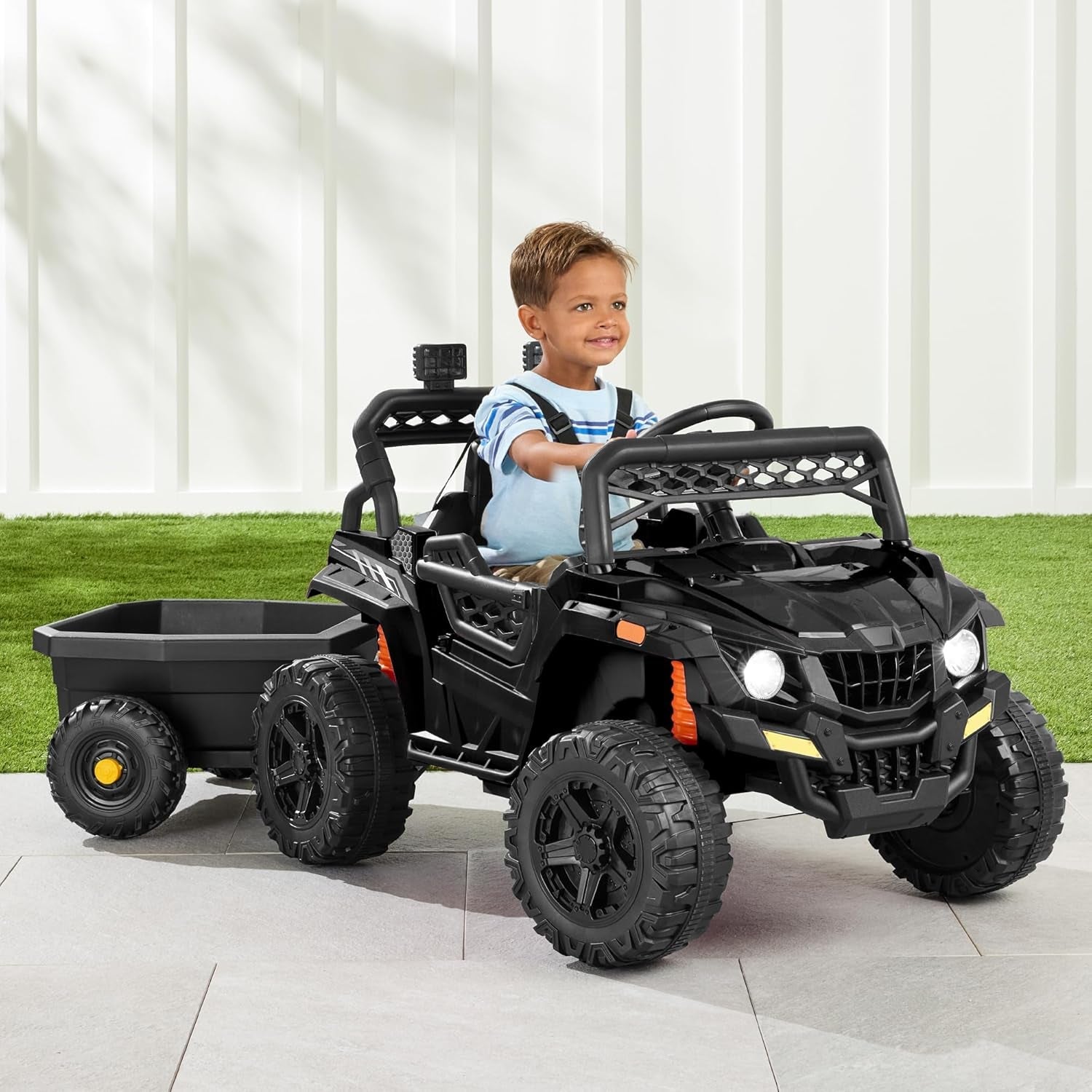 Kids 12V Electric Ride on UTV Car and Trailer W/Parent Control, LED Lights, 2 Speeds, Bluetooth - Black