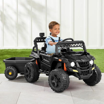 Kids 12V Electric Ride on UTV Car and Trailer W/Parent Control, LED Lights, 2 Speeds, Bluetooth - Black