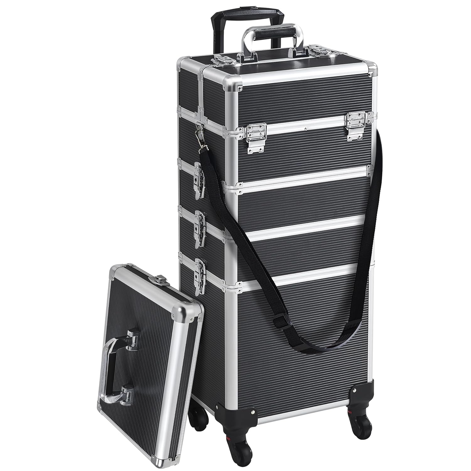 Rolling Makeup Train Case 3 in 1 Cosmetic Makeup Case Large Aluminum Trolley Makeup Travel Case Professional Rolling Cosmetic Beauty Storage, with 360° Swivel Wheels, Black