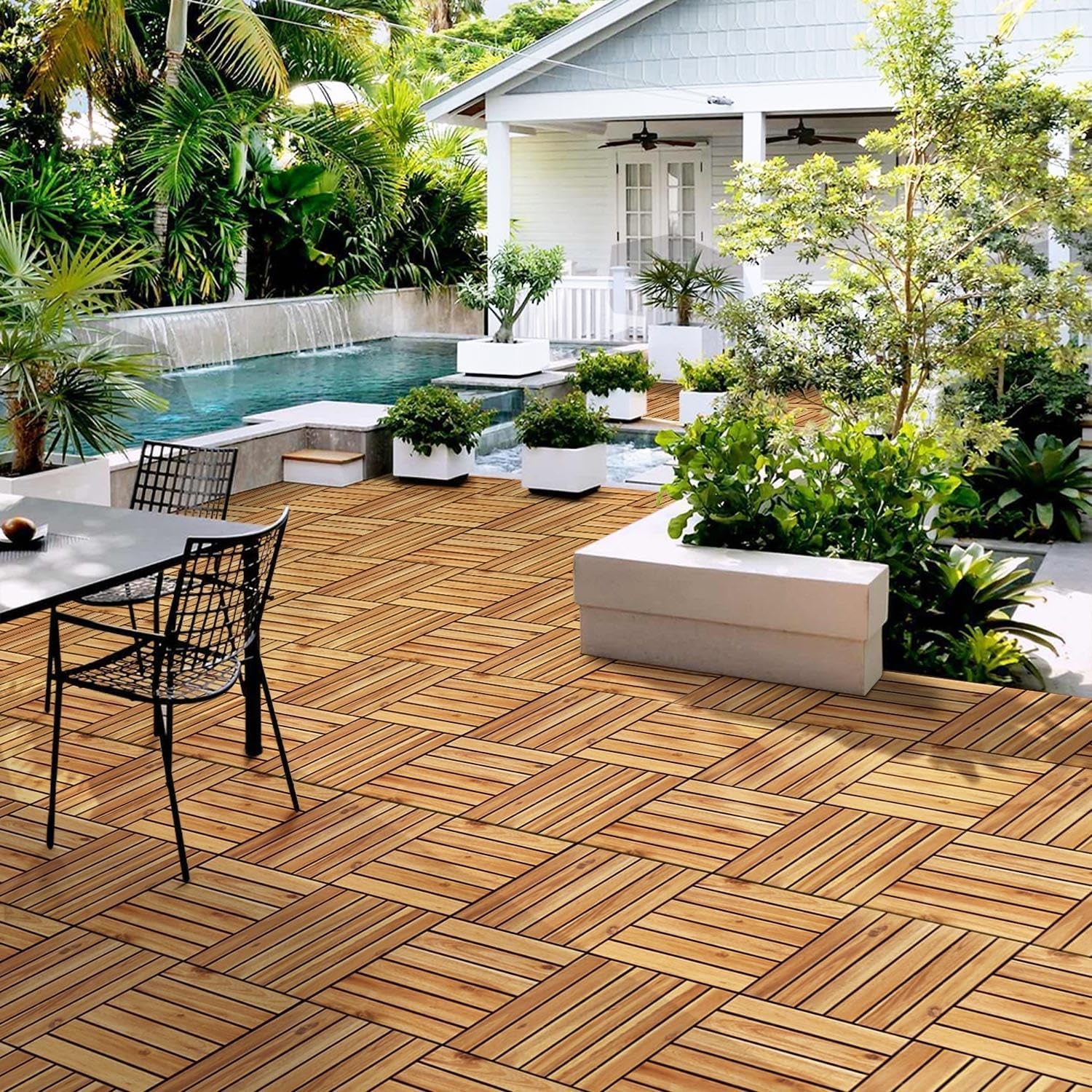 27PCS Acacia Wood Interlocking Flooring Tiles Waterproof Flooring for Outdoor &amp; Indoor Patio,Balcony,Garden,Poolside,12 × 12 In