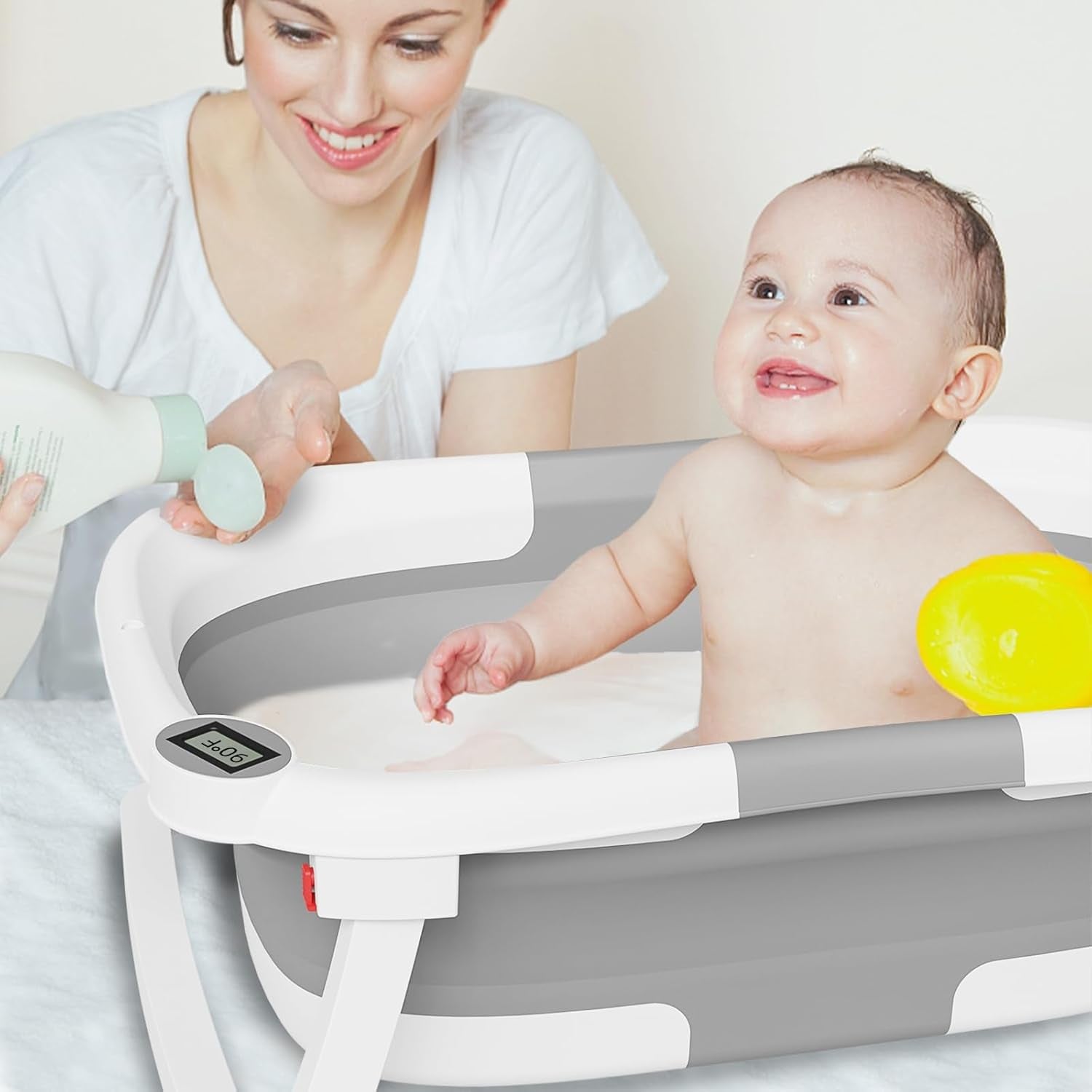 Collapsible Baby Bathtub,Baby Bath Tub with Soft Cushion &amp; Thermometer,Baby Bathtub Newborn to Toddler 0-36 Months,Portable Travel Baby Tub,Gray