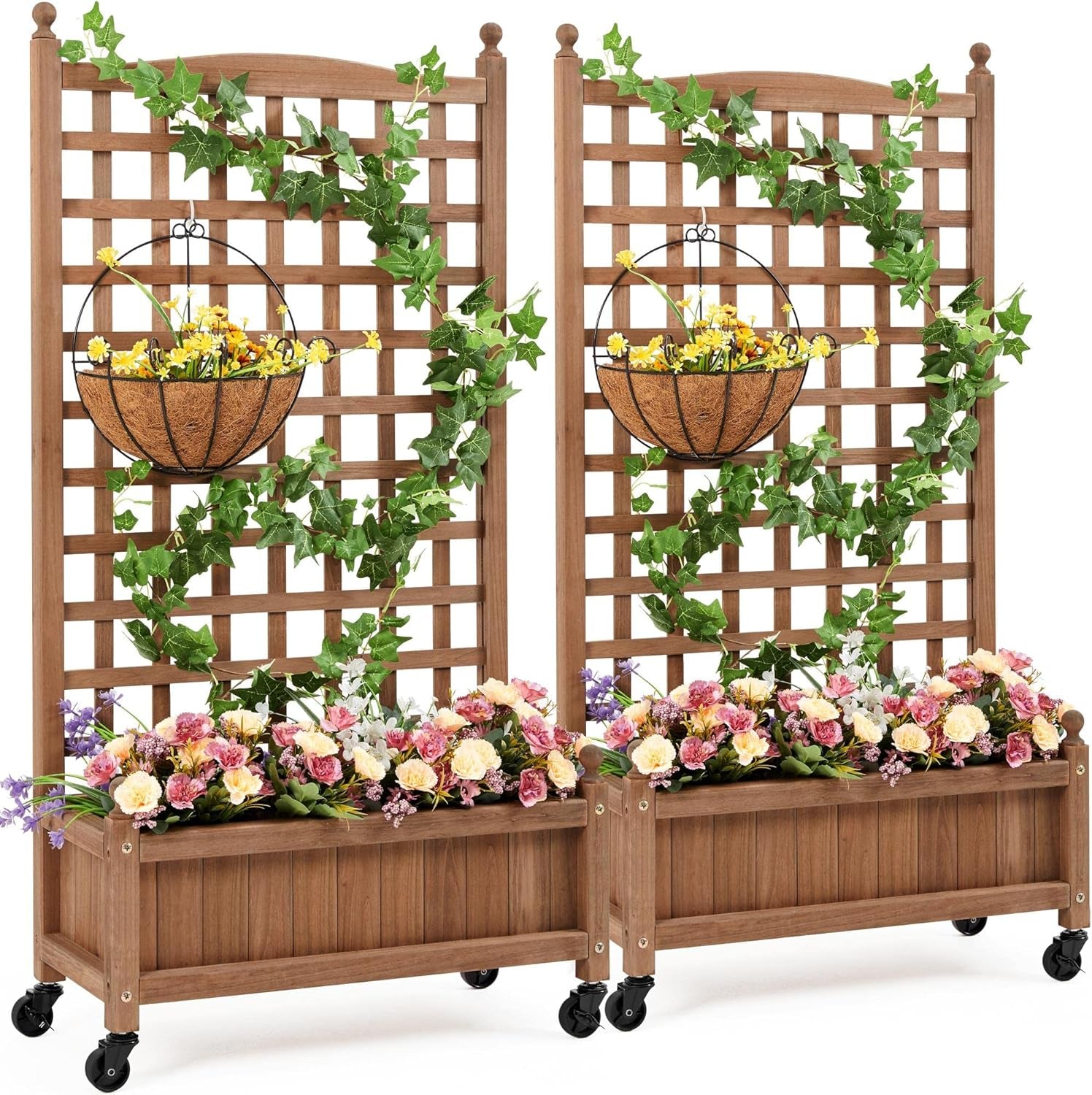 50&quot; H Raised Garden Bed with Trellis &amp; Wheels Standing Vertical Horticulture Planter Box for Vine Climbing Plants, Flowers, Herbs Brown