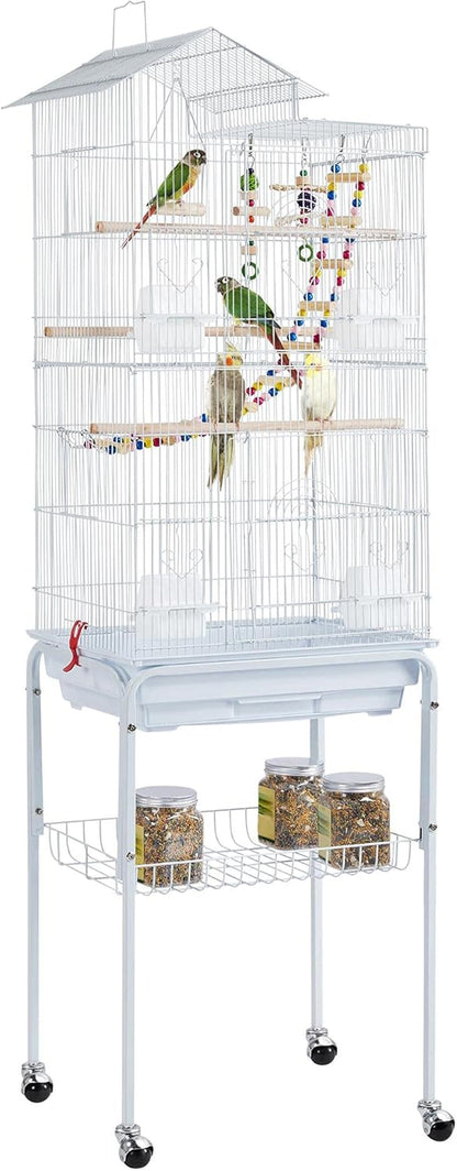 Bird Cage 64-Inch Play Open Top Medium Small Parrot Parakeet Bird Cages with Detachable Rolling Stand for Parrot Lovebirds Finches Parakeets Budgie Parrotlet Conures, Pet Flight Birdcage