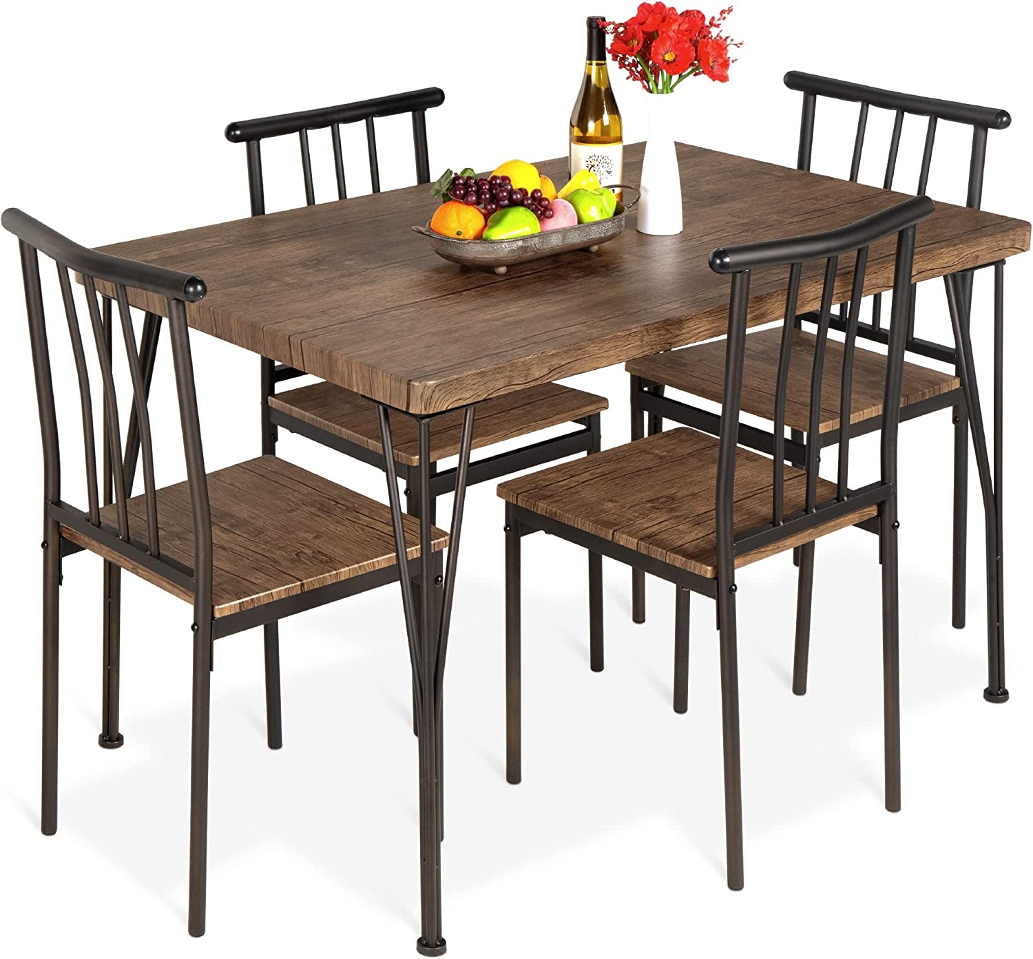 5-Piece Metal and Wood Indoor Modern Rectangular Dining Table Furniture Set for Kitchen, Dining Room, Dinette, Breakfast Nook W/ 4 Chairs - Brown