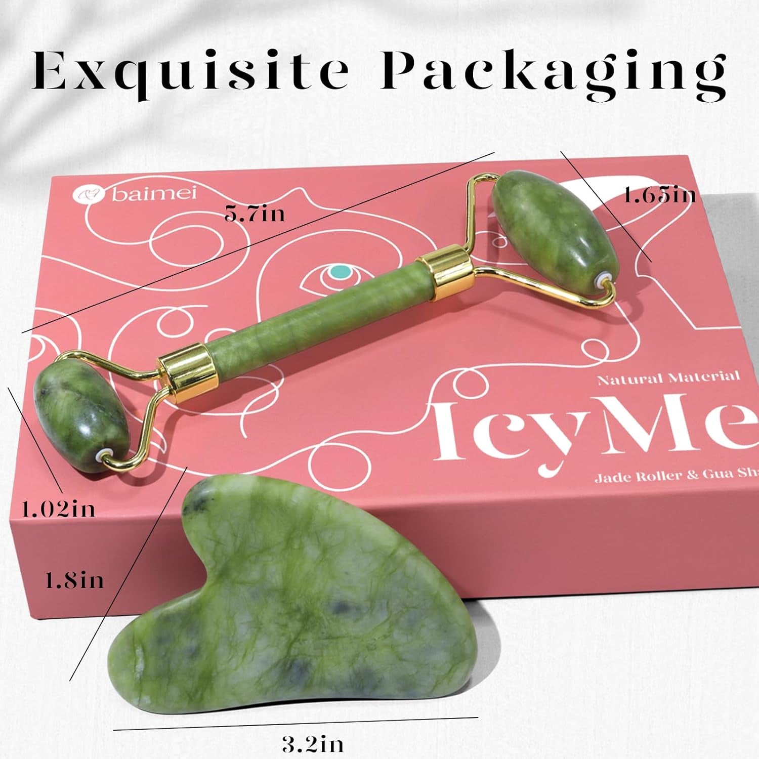 Icyme Gua Sha &amp; Jade Roller Facial Tools Face Roller and Gua Sha Set for Puffiness and Redness Reducing Skin Care Routine, Self Care Gift for Men Women - Green