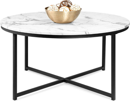 36In Faux Marble Accent Table, Modern End Table, Large Coffee Table Home Decor for Living Room, Dining Room, Tea, Coffee W/Metal Frame, Foot Caps, Designer - White/Gold