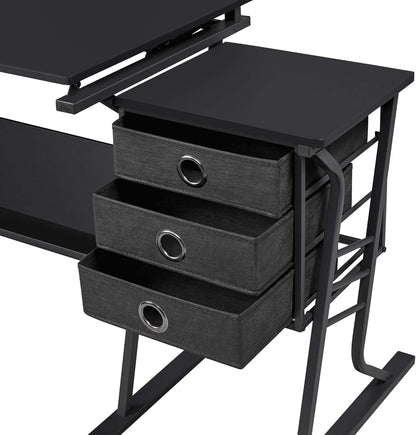 Drafting Table for Adults/Artists, Drawing Desk, Tabletop Adjustable Art/Craft Desk with Stool and 3 Slide Drawers, Sketching Painting Artwork Station for Art Studio Home Office School