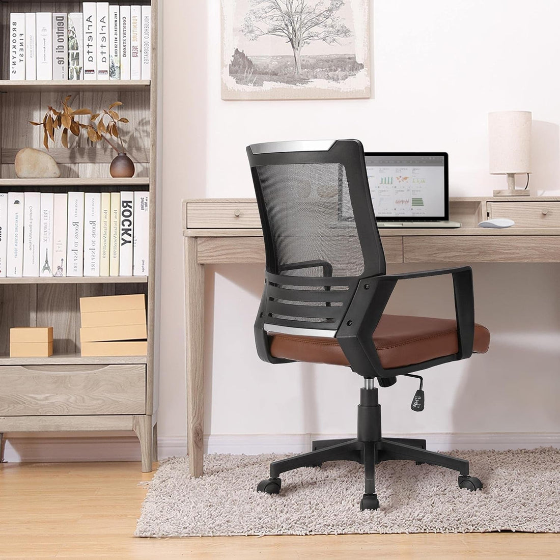 Ergonomic Home Office Chair Leather and Mesh Combine Desk Chair Rolling Swivel Adjustable Mesh Chair with Lumbar Support and Armrests for Office and Home, Brown