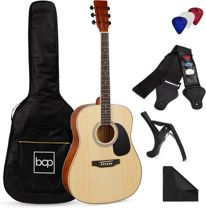 41In Full Size Beginner All Wood Acoustic Guitar Starter Set W/Case, Strap, Capo, Strings, Picks - Natural