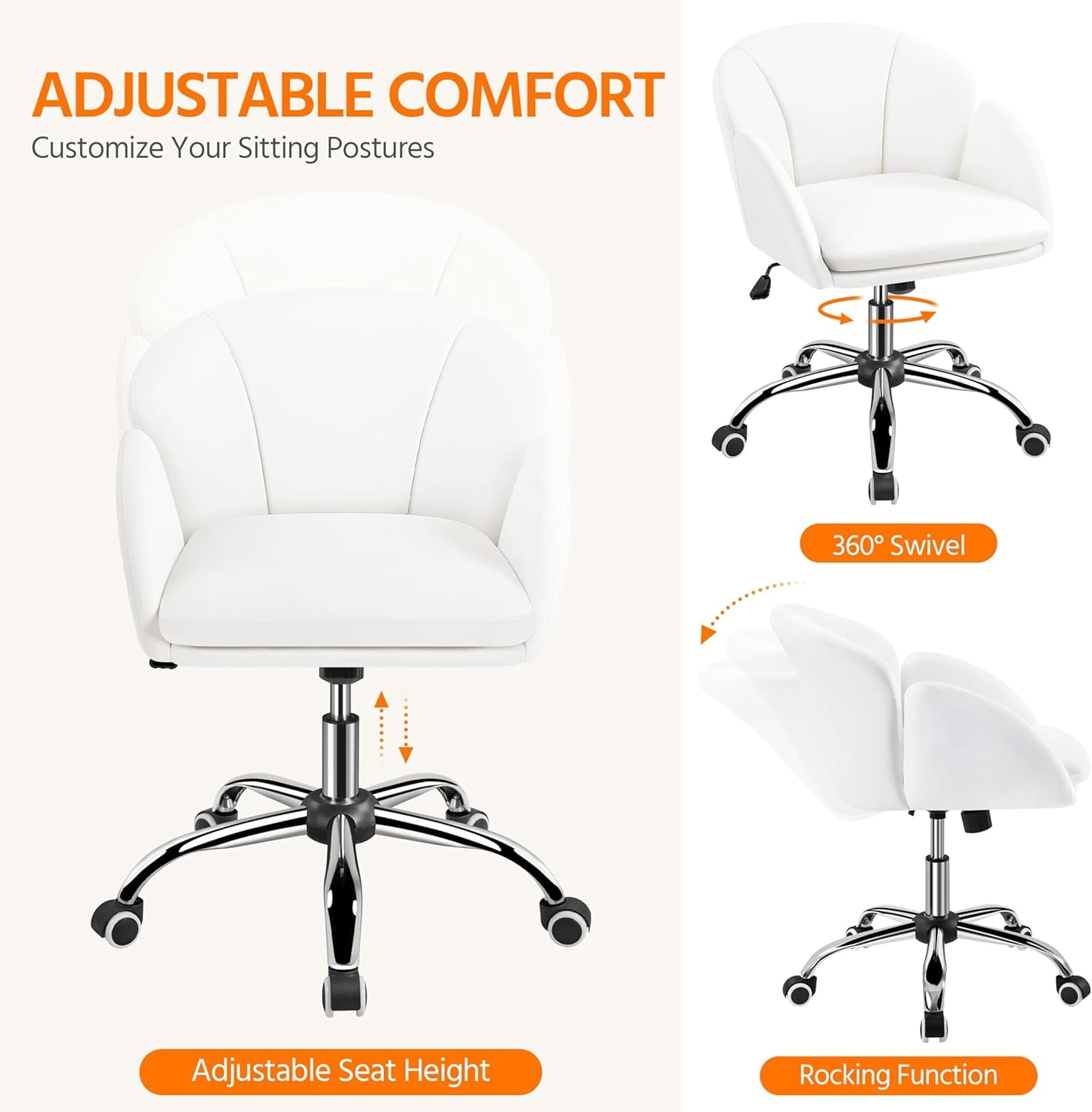 White Desk Chair Petal Cute Office Chair Faux Leather Swivel Desk Chair Vanity Chair with Back Modern Computer Rolling Chair for Bedroom