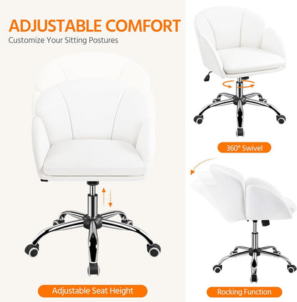 White Desk Chair Petal Cute Office Chair Faux Leather Swivel Desk Chair Vanity Chair with Back Modern Computer Rolling Chair for Bedroom