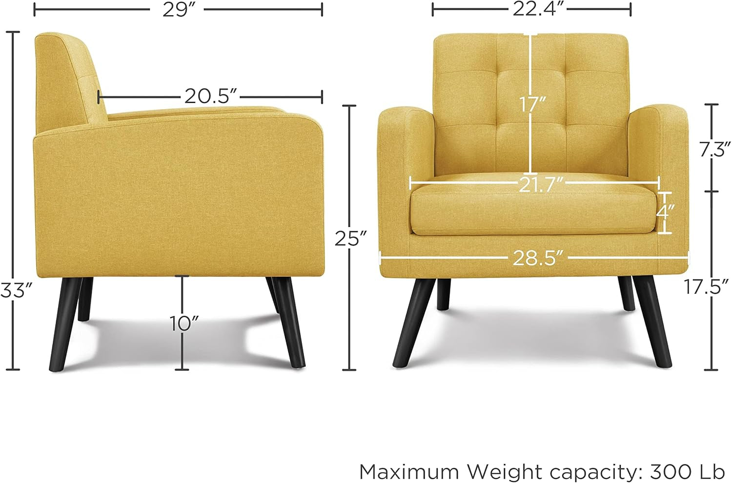 Mid-Century Accent Chairs, Modern Upholstered Living Room Chair, Cozy Armchair Button Tufted Back and Wood Legs for Bedroom/Office/Cafe, Yellow