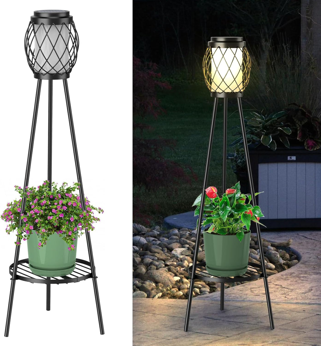 Solar Lights Outdoor Street Lights with Plant Stands 2 Pack, Solar Floor Lamp Metal Tripod Patio Lights for Garden Yard Pathway Driveway Front/Back Porch Decoration