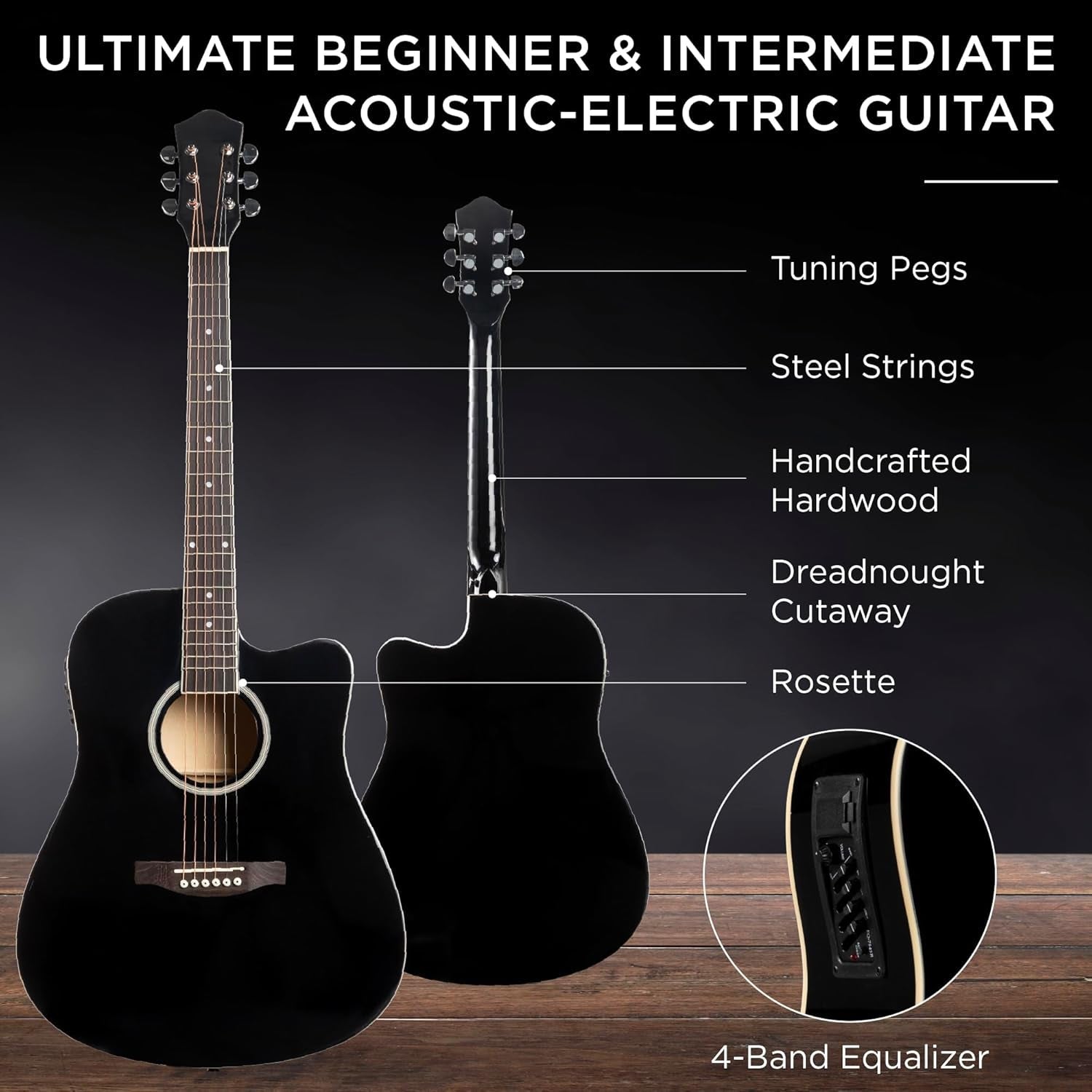 Beginner Acoustic Electric Guitar Starter Set W/ 41In, All Wood Cutaway Design, Case, Strap, Picks - Black