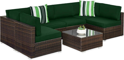 7-Piece Modular Outdoor Sectional Wicker Patio Conversation Set W/ 2 Pillows, Coffee Table, Cover Included - Gray/Navy