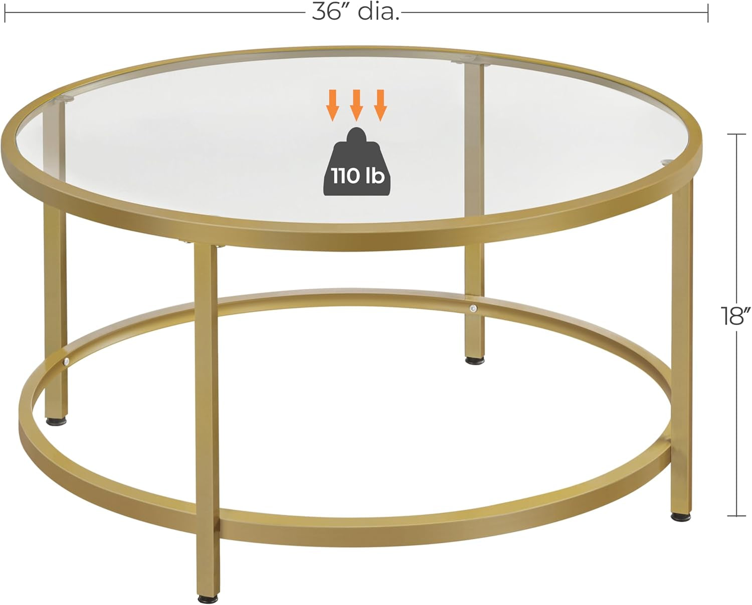 Gold Glass Coffee Table for Living Room, 36&quot; round Glass Coffee Table with Metal Frame, Circle Coffee Table for Home, Office, Apartment