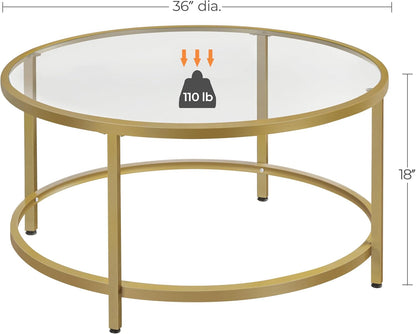 Gold Glass Coffee Table for Living Room, 36&quot; round Glass Coffee Table with Metal Frame, Circle Coffee Table for Home, Office, Apartment