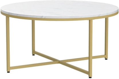 Faux Marble Coffee Table, 35.5In round Coffee Table with Metal Legs for Living Room, Modern Center Table for Home &amp; Office, White and Gold