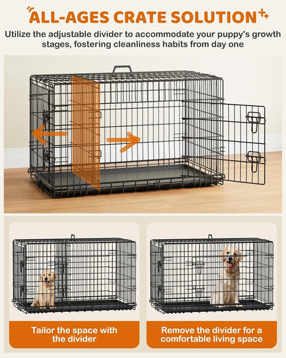 42 Inch Dog Crate Double Door Dog Crate W/Divider for Puppy to Adult XL Collapsible Metal Dog Crate with Removable Tray Wire Dog Kennel Pet Crate for Large Dogs Portable Travel Cage, Black