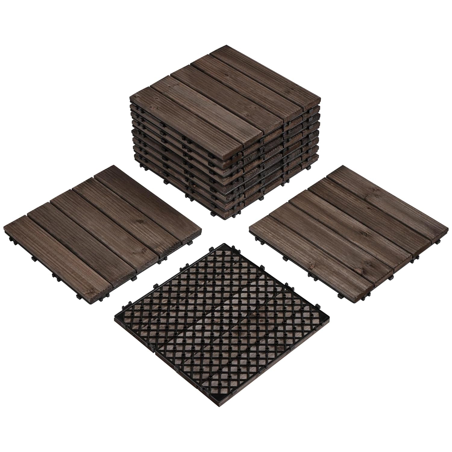 11Pcs Patio Deck Tiles 12 X 12In Interlocking Wood Floor Tiles Indoor &amp; Outdoor for Patio Garden Deck Poolside Tiles, Black