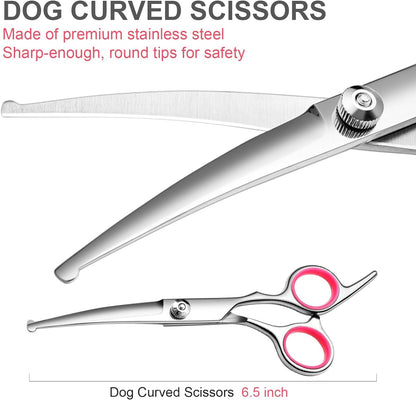 Dog Grooming Scissors with Safety round Tips Stainless Steel Professional Dog Grooming Kit - Thinning, Curved Scissors and Comb for Dog Cat Pet (Pink 4 in 1)