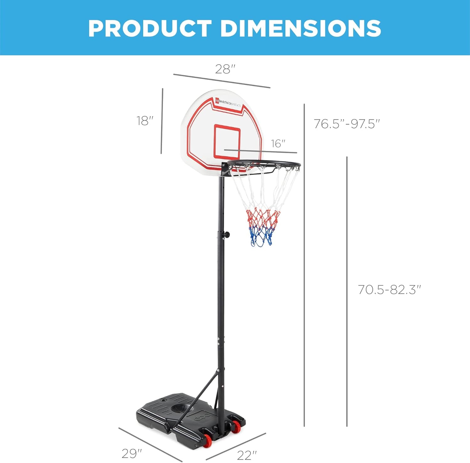 Kids Height-Adjustable Basketball Hoop, Portable Backboard Set W/ 2 Wheels, Fillable Base, 70.5In to 82.3In Tall