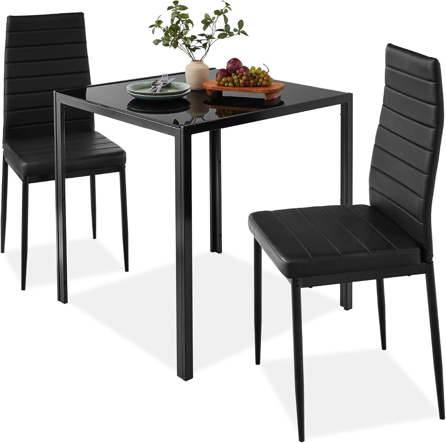 5-Piece Glass Dining Set, Modern Kitchen Table Furniture for Dining Room, Dinette, Compact Space-Saving W/Glass Tabletop, 4 Upholstered PU Chairs, Metal Steel Frame - Black