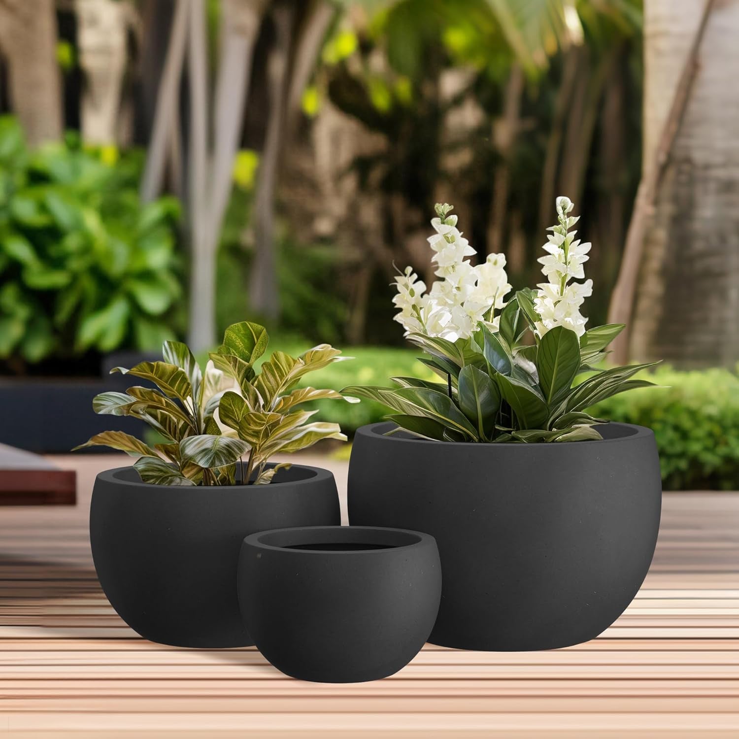 19.9&quot;,15.7&quot;,11.8&quot; Dia round Concrete Planter Set of 3, Outdoor/Indoor Large Bowl Plant Pots with Drainage Hole and Rubber Plug for Garden Patio Balcony Home, Black