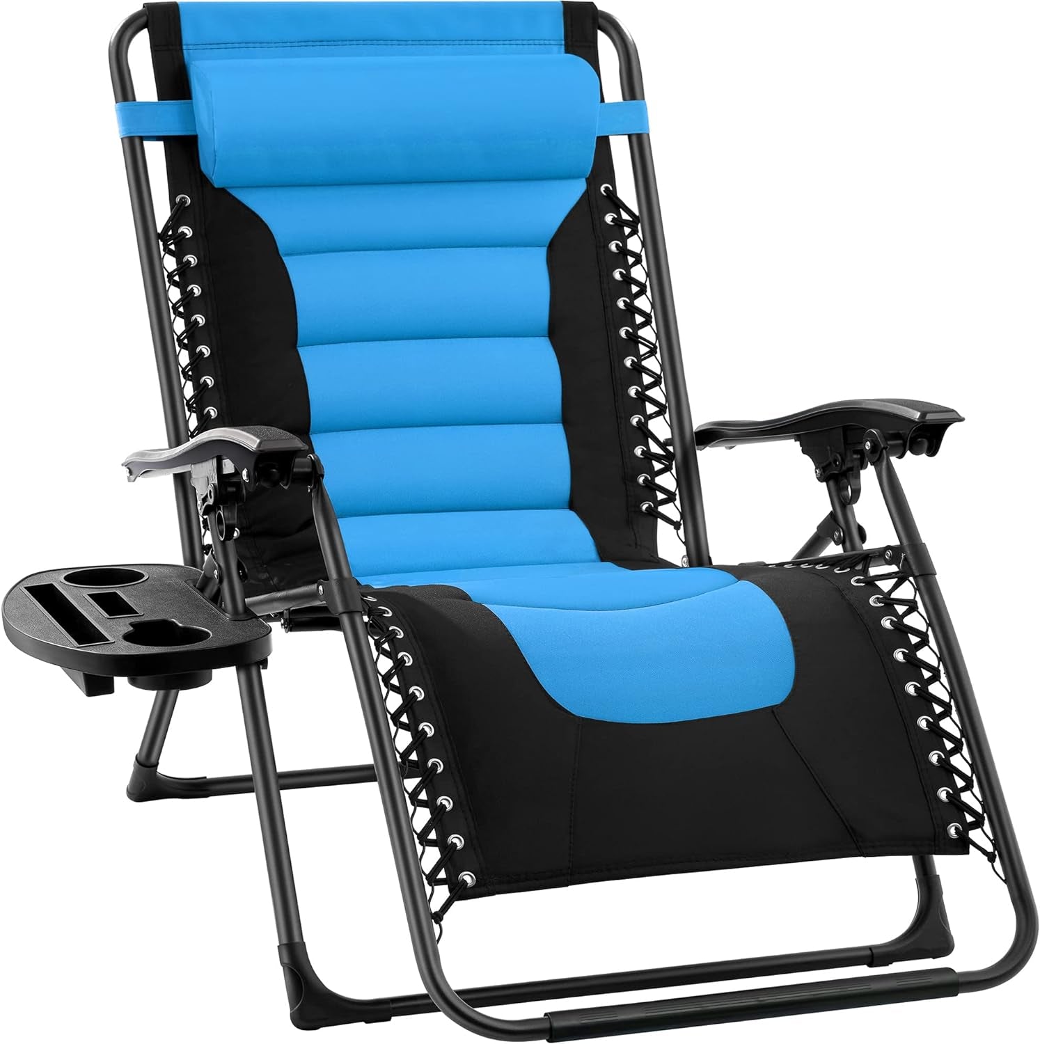 Oversized Padded Zero Gravity Chair, Folding Outdoor Patio Recliner, XL anti Gravity Lounger for Backyard W/Headrest, Cup Holder, Side Tray, Polyester Mesh - Black/Gray