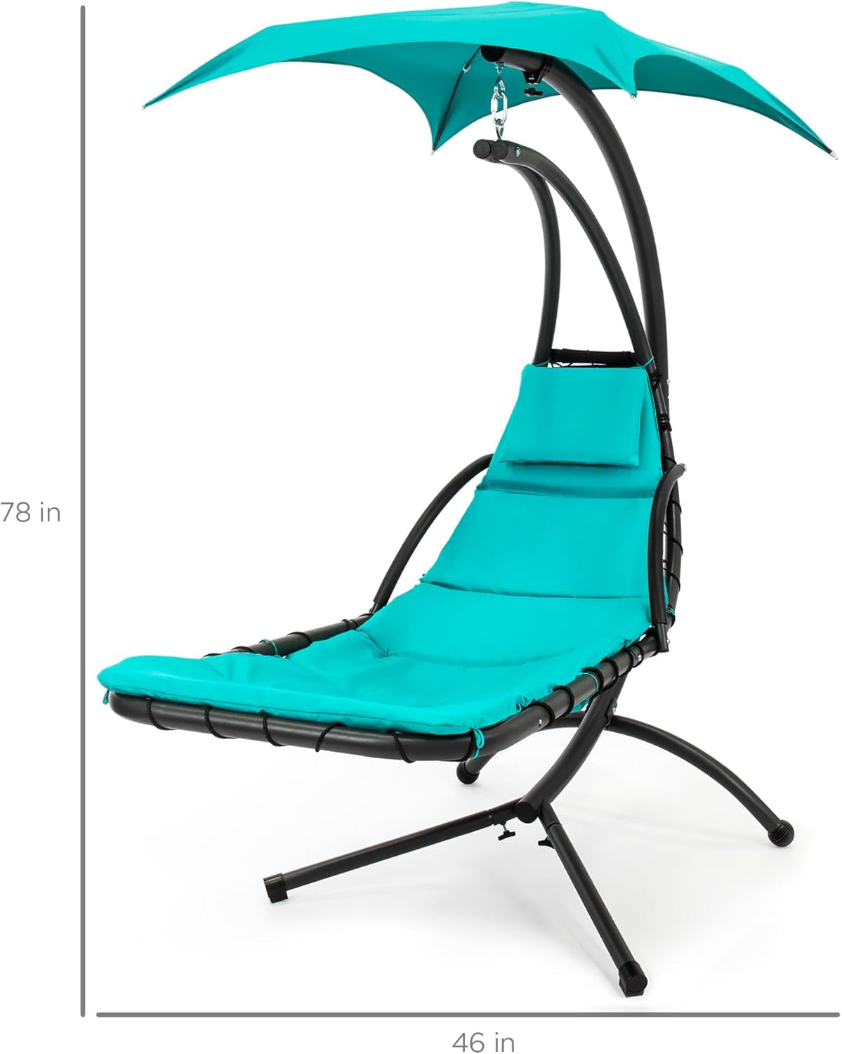 Outdoor Hanging Curved Steel Chaise Lounge Chair Swing W/Built-In Pillow and Removable Canopy - Teal