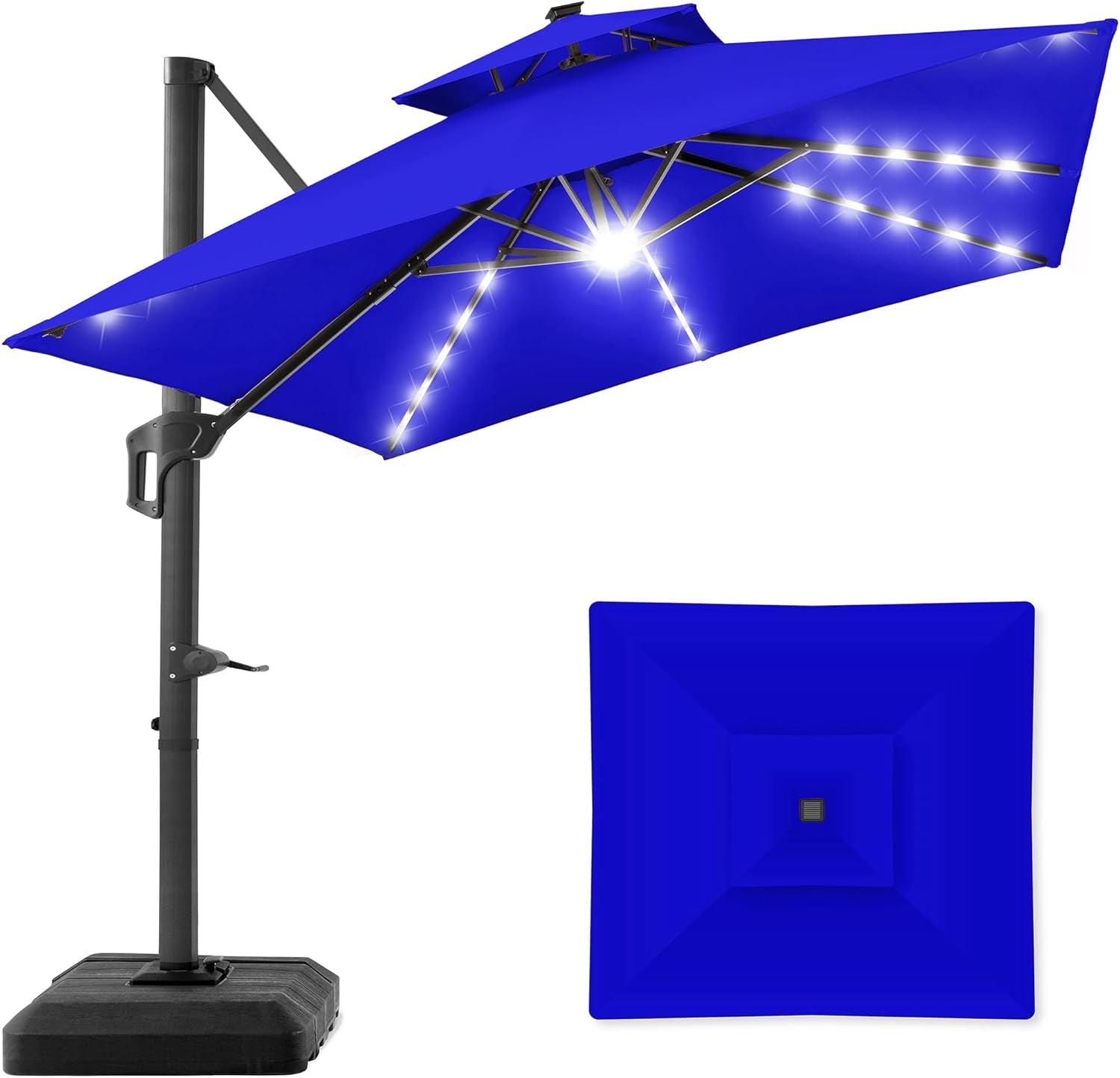 10X10Ft 2-Tier Square Cantilever Patio Umbrella with Solar LED Lights, Offset Hanging Outdoor Sun Shade for Backyard W/Included Fillable Base, 360 Rotation - Burgundy