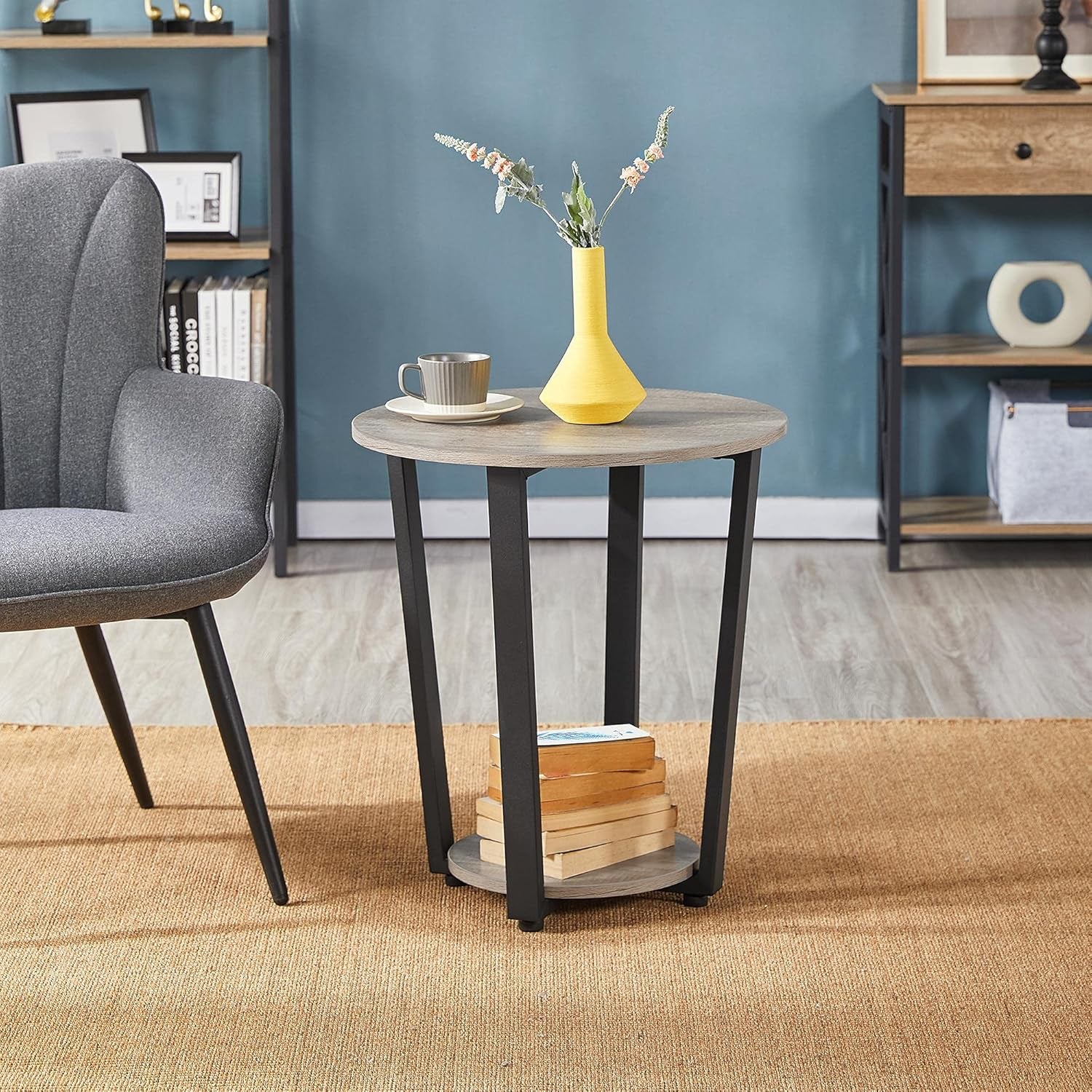 Farmhouse round End Table with Storage Shelf, 2 Tier Side Table with Metal Frame and Sturdy Wood, Sofa Side Table for Living Room Small Spaces, Easy Assembly, Gray