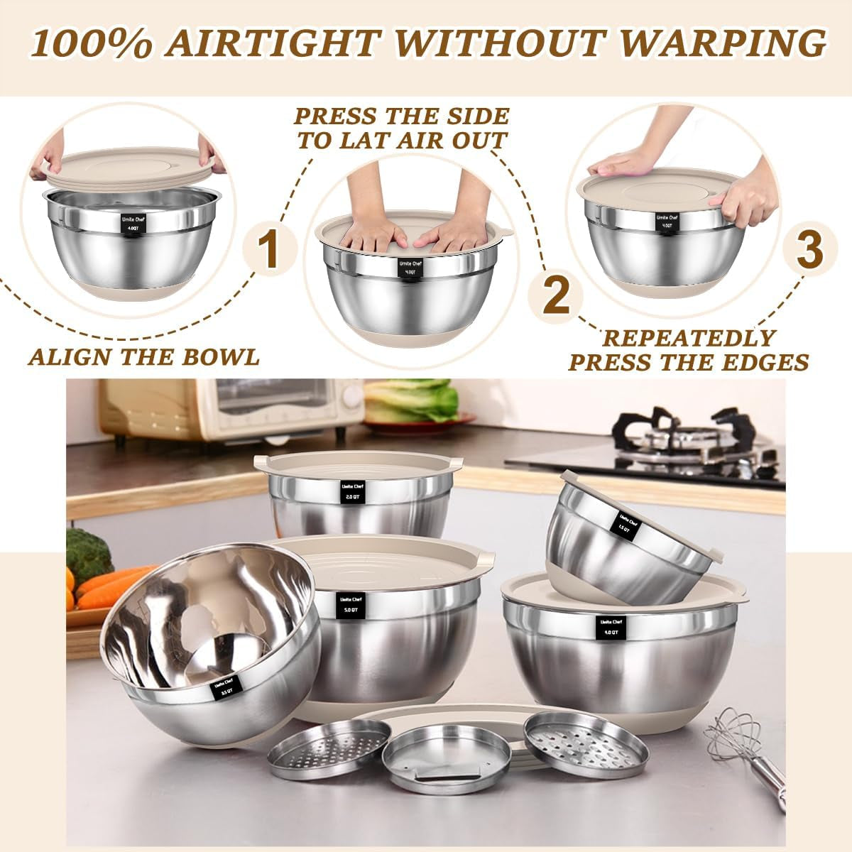 Mixing Bowls with Airtight Lids Set, 8PCS Stainless Steel Khaki Nesting Bowls with Grater Attachments, Kitchen Bowls with Non-Slip Bottoms, Size 5, 4, 3.5, 2, 1.5QT for Mixing &amp; Serving