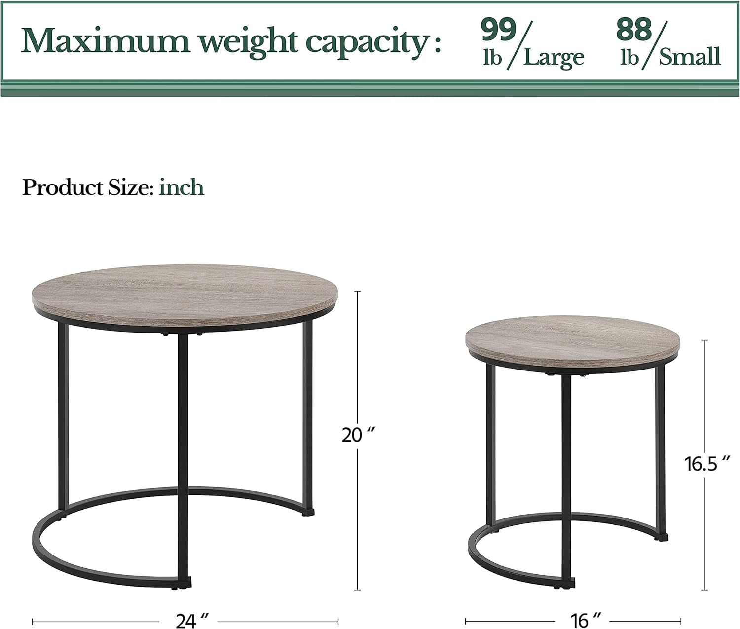 Nesting Coffee Table Set of 2, Nesting Table, Rustic Stacking Side Tables, Nesting End Table Set W/Round Wooden Tabletop and Sturdy Metal Base for Living Room,Small Space, Gray