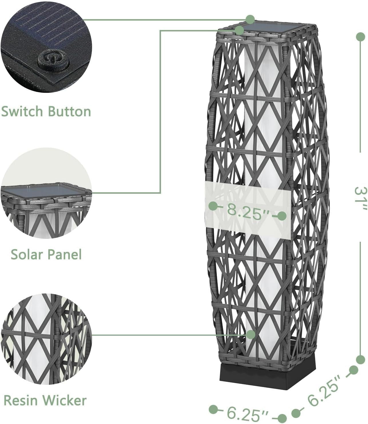 2-Piece Solar Outdoor Floor Lamp Solar Powered Wicker Lantern Outdoor Weather-Resistant Deck Light for Garden Porch Yard-Silver Gray, Large Cindy