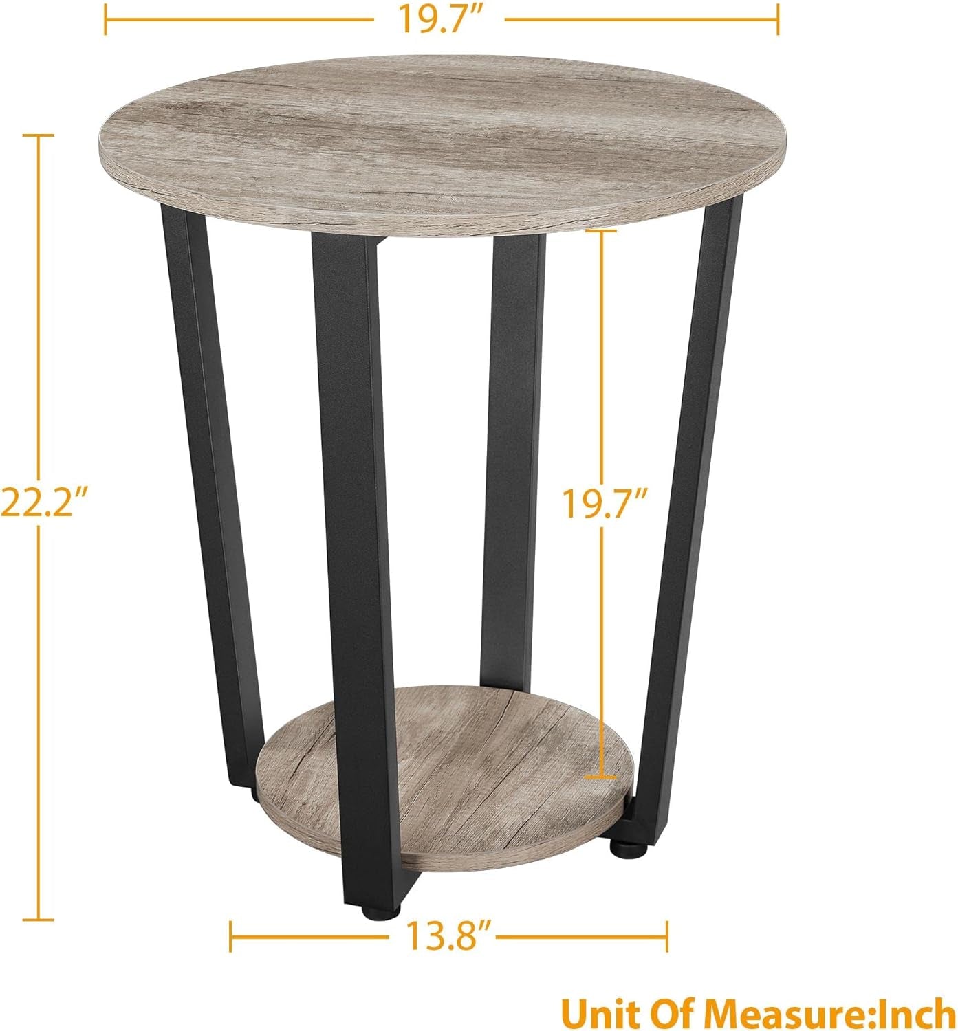 Farmhouse round End Table with Storage Shelf, 2 Tier Side Table with Metal Frame and Sturdy Wood, Sofa Side Table for Living Room Small Spaces, Easy Assembly, Gray