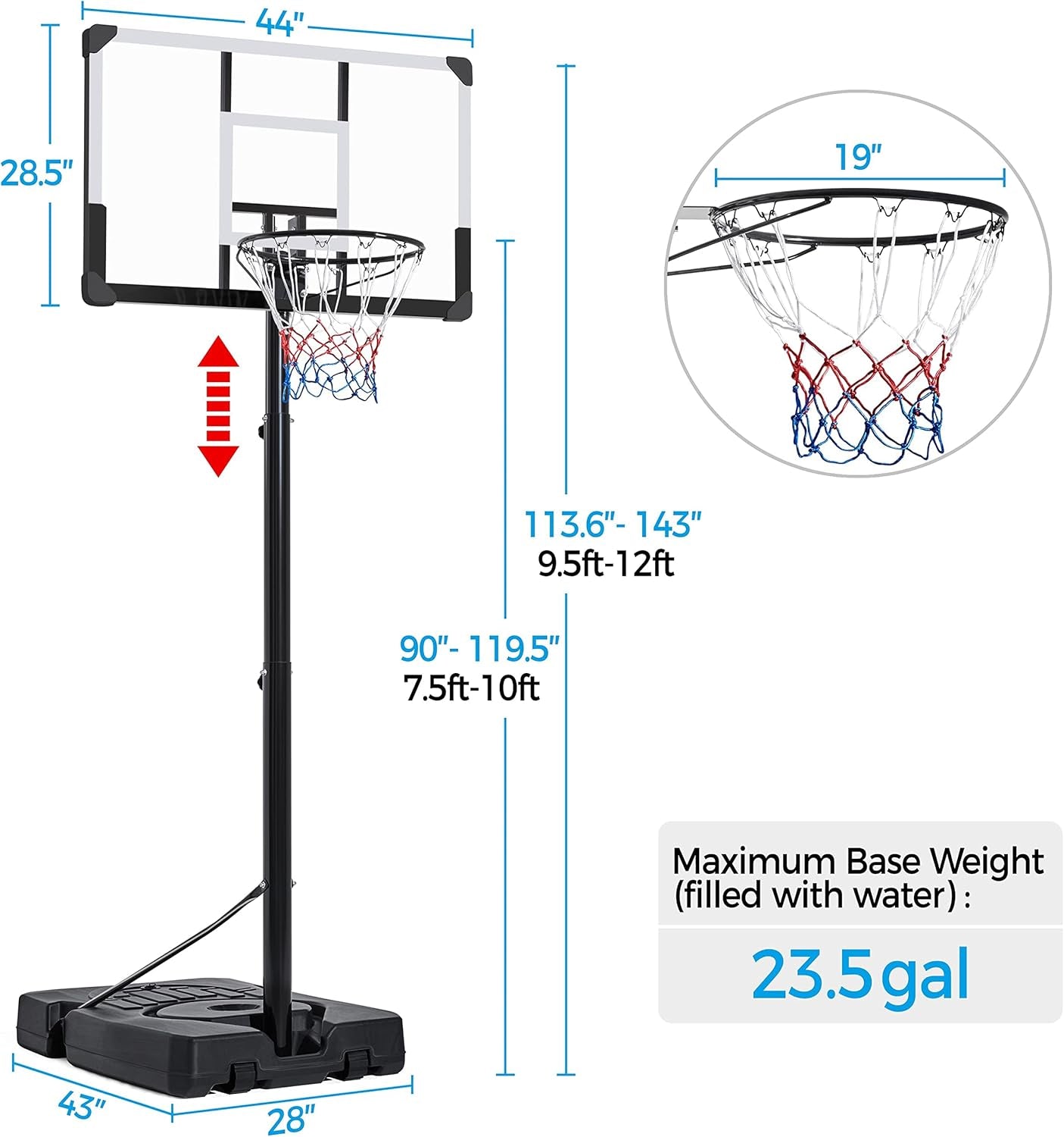 Basketball Hoop Outdoor Basketball Goal 9.5-12Ft Height Adjustable Portable Basketball Hoop Basketball Court for Adult 44 Inch Basketball Backboard