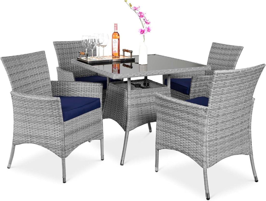 5-Piece Indoor Outdoor Wicker Dining Set Furniture for Patio, Backyard W/Square Glass Tabletop, Umbrella Cutout, 4 Chairs - Navy