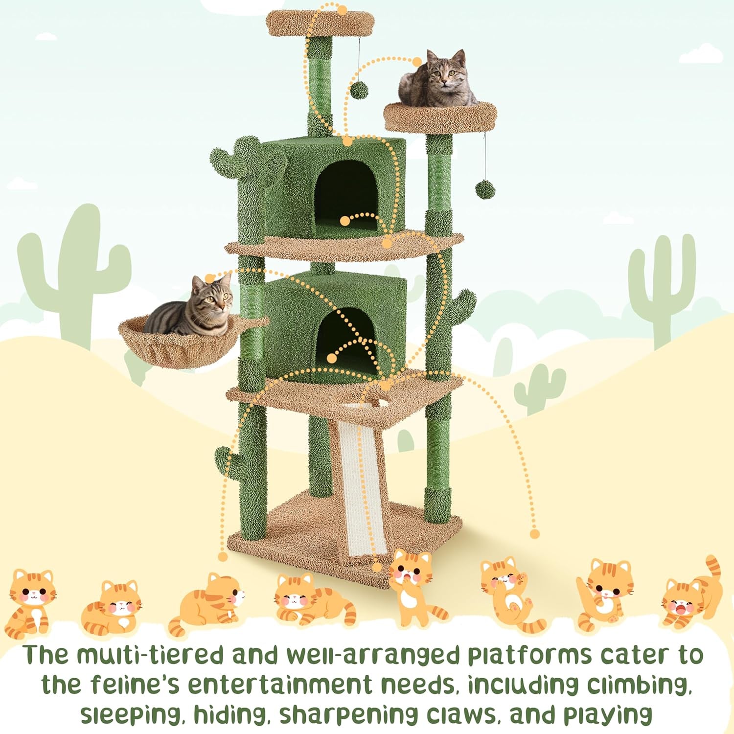 Cactus Cat Tree, 66In Cat Tower for Indoor Cats, Multi-Level Cat Tree with Large Condos &amp; Ramp, Pet Play House with Padded Perch, Platforms, Basket &amp; Hanging Ball, Green/Brown